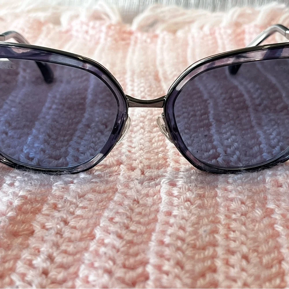 CHANEL Black Frame Blue Lens Oversized Sunglasses